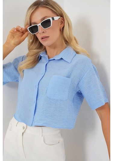 Defymoda Kısa Kol Crop Gömlek 20341 - Mavi Mavi