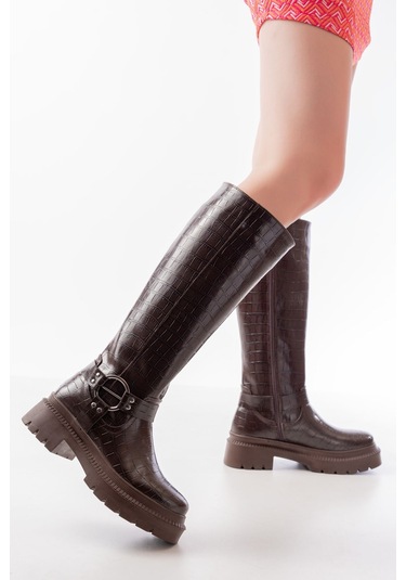 236-3021 Kahverengi Kroko Fermuarlı Günlük Kadın Çizme Kahve Rengi