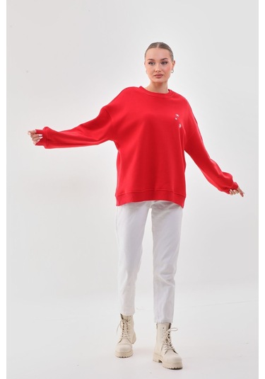 Kallima Oversize Baskılı İçi Polarlı Kırmızı Kadın Sweatshirt Kırmızı
