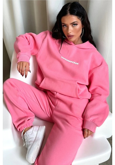 Pembe That So Fetch Eşofman Takımı - Baskılı Oversize Kapüşonlu Şardonlu Pembe