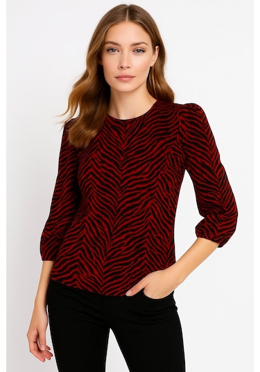 Kadın Bisiklet Yaka Esnek Desenli Spor Şık Truvakar Kol Bluz Bordo