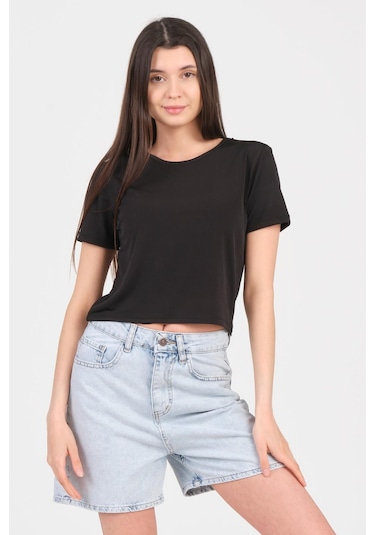As Collection Siyah Bisiklet Yaka Kısa Kol Sandy Kadın Crop Siyah