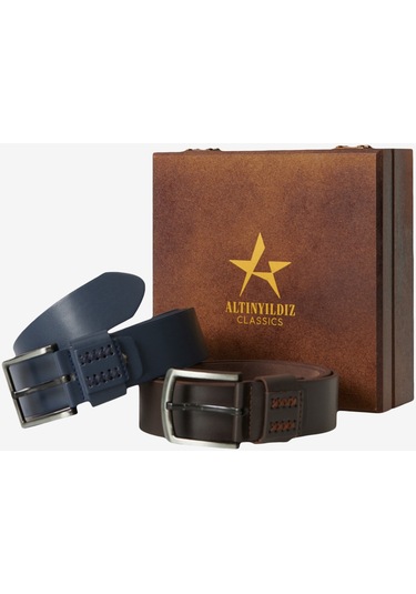 AC&Co / Altınyıldız Classics Erkek Lacivert-kahverengi Özel Ahşap Kutulu 2'li Kot Kemeri Seti Damat Bohçası Lacivert - Kahverengi
