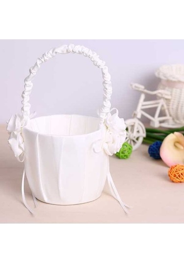 Novahub Beyaz Saten Düğün Çiçek Kızı Sepeti, Çiçekli Dekorasyon Düğün Malzemeleri