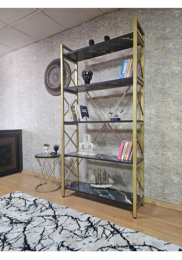 Gold Boyalı Kitaplık - 5 Raflı Suntalem Lüks Kitaplık Luanda Çok Renkli