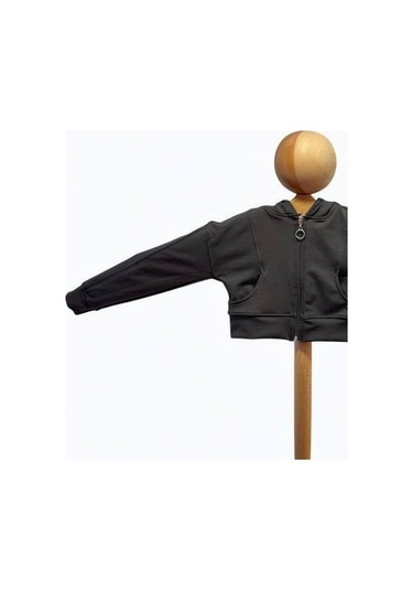 Kız Çocuk Pamuklu Crop Fermuarlı Kapuşonlu Hırka-15454 Füme