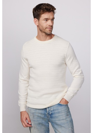 Erkek Slim Fit Bisiklet Yaka Kendinden Desenli Ekru Triko Kazak-28817 Ekru