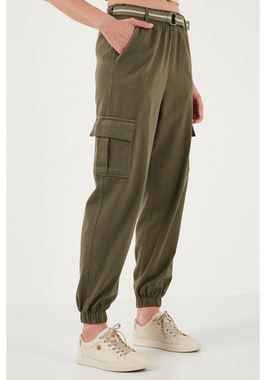 Lela Pamuklu Standart Fit Normal Bel Lastikli Paça Kemerli Jogger Bayan Pantolon 668Yp5045 Haki