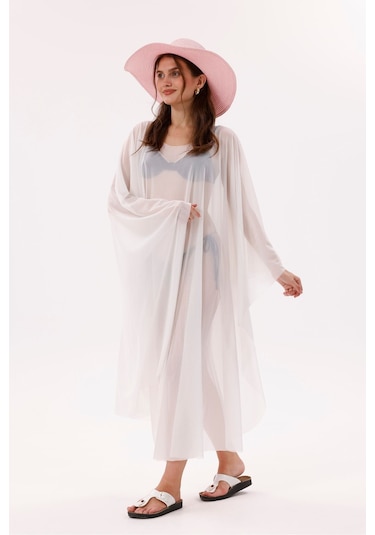 Tarzını Seç Kimono Pareo - Tesettür Pareo - Esnek Likralı Tül Beyaz 240x135 Cm Çok Renkli