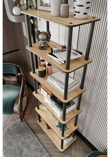 6 Katlı Dekoratif Diktörtgen Kitaplık Meşe Meşe