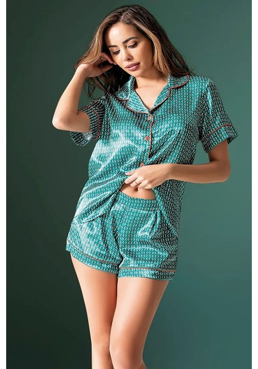 Loomerie 1600 Kadın Saten Kısa Kollu Şortlu Pijama Takımı-mavi Mavi