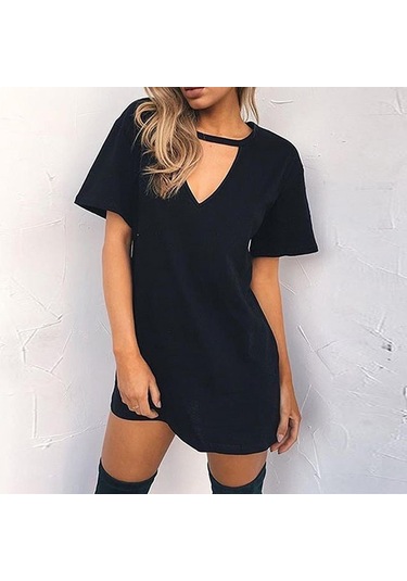 Siyah Moda Kadın Rahat Kısa Kollu V Yaka Katı Bayanlar Mini Elbise Oymak Siyah