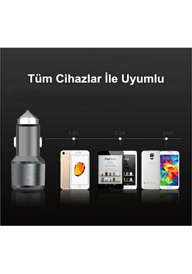 Çift Usb Araç Çakmaklık Telefon Şarj Başlığı Metal Aux Hızlı