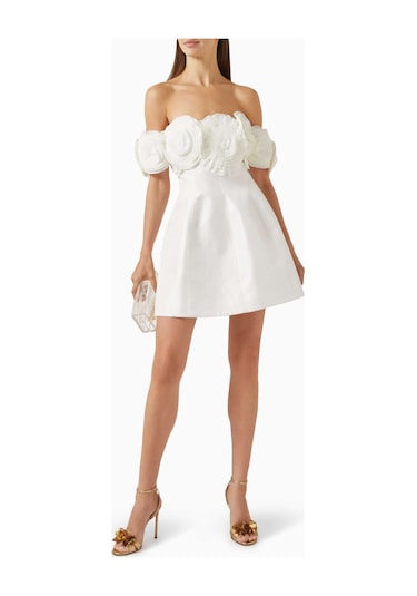 Acler Off - Shoulder Mini Elbise - Aksesuarlı, %65 Polyester %35 Pamuk, Saten Kumaş Beyaz