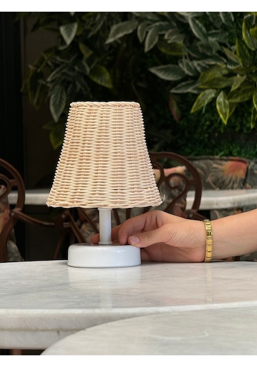 Rattan & Bambu Masa Üstü Kablosuz Pilli Abajur Masa Lambası Beyaz