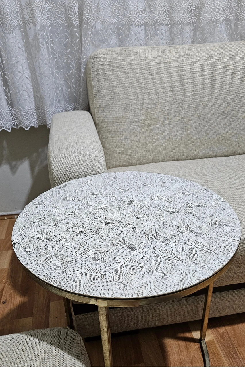 Rona Home Yuvarlak Orta Sehpa Masa Örtüsü Hasır Lüks Pvc Silinebilir, Çiçek Desenli, Şeffaf Bej Krem