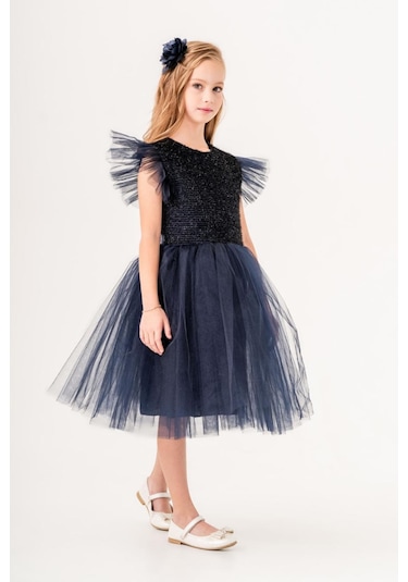 Tüllü Kız Çocuk Kpl Elbise Mnk0526 Koyu Lacivert
