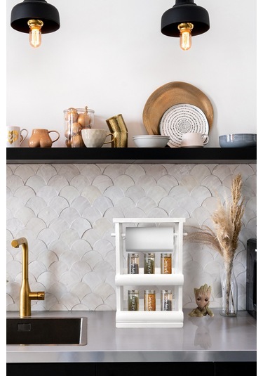 Ahşap Baharatlık Ve Kağıt Havlu Askılığı Beyaz