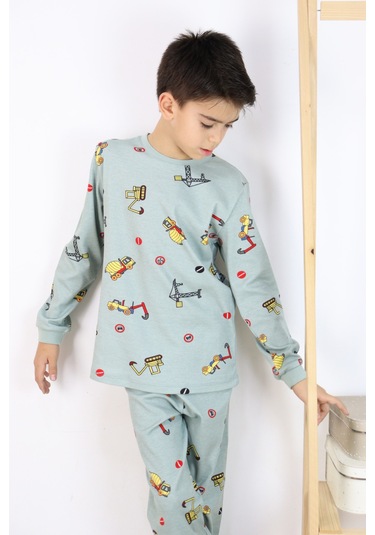 Erkek Çocuk Baskılı İnterlok Kumaş Uzun Kollu Pijama Takımı Açık Yeşil