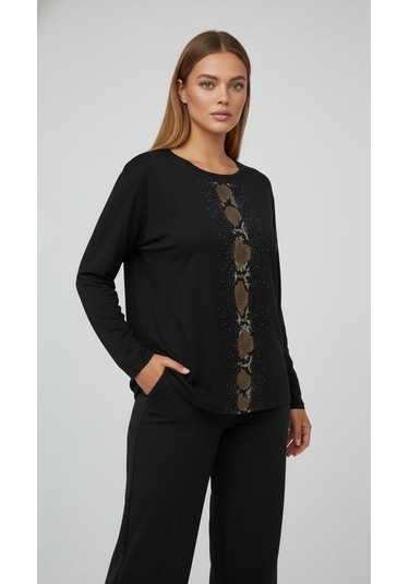 Taş Desenli Uzun Kollu Bambu Viskon Kumaş Bluz Siyah 2