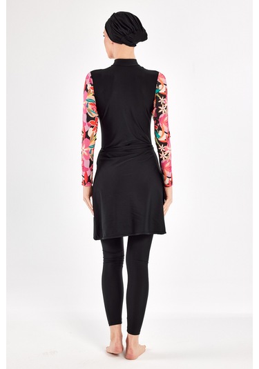 3 Farklı Şekilde Giyilebilir Likralı Etekli Tesettür Mayo Dora 1108 Siyah Siyah01 Siyah