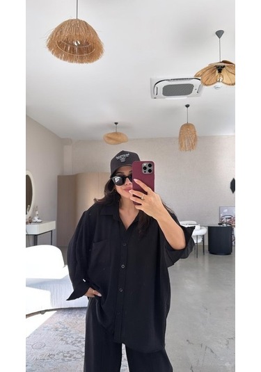 Kadın Flamlı Keten Tek Cep Oversızed Gömlek Siyah
