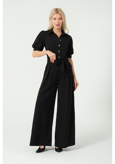 Balon Kol Bağcık Detaylı Tulum Siyah