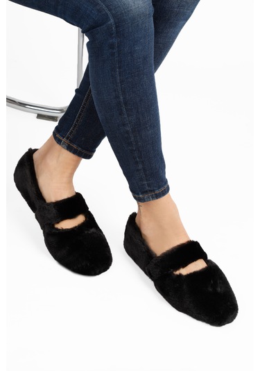 Siyah Ultra Yumuşak Peluş Kadın Ev Babeti Hafif Taban Panduf Siyah