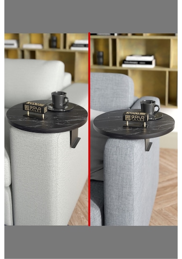 Zigon Sehpa Yan Sehpa Ayarlanabilir Tepsi Dekoratif Modern Tepsi Bendir Siyah Mermer Desen