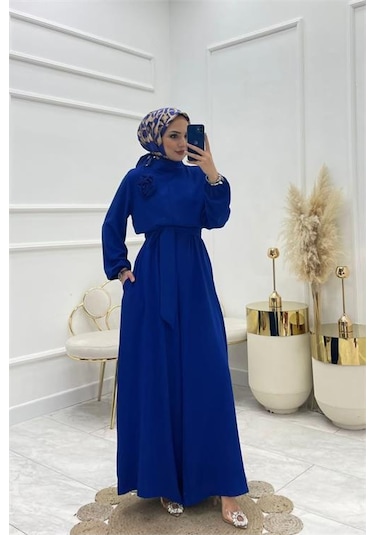 Kadın Saks Mavisi Kuşaklı Gül Detaylı Salaş Tulum Dpnms003 Saks