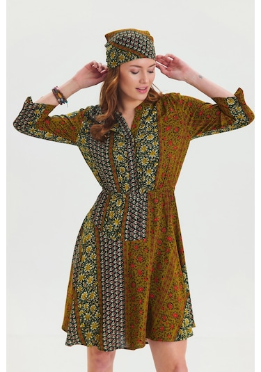 Hakim Yaka Düğme Detaylı Midi Elbise Yeşil