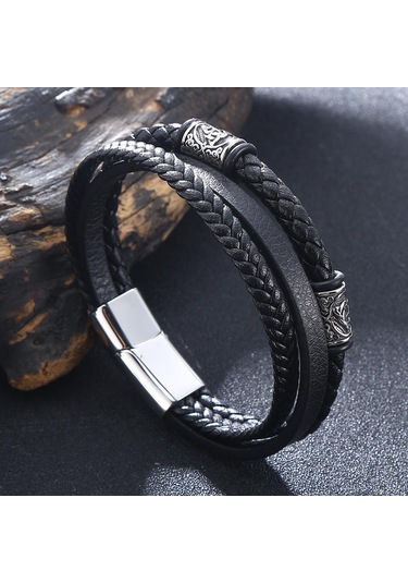 Erkek Kadın Çok Katmanlı Moda Örgülü Deri Bileklikler Paslanmaz Çelik Tokalı Kurukafa Bilezik Hediyeler Siyah