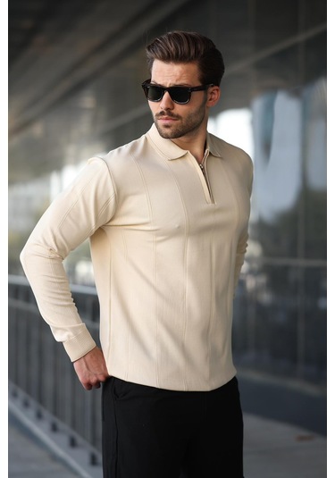 Taş Rengi Yeşili Polo Yaka Fermuarlı Erkek Kazak E7427 Taş Rengi