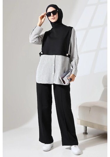 Kadın Siyah Mevsimlik Penye Alt Üst Spor Ve Rahat Ikili Tunik Pantolon Şık Tesettür Takım Siyah