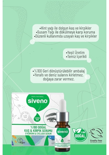 Siveno %100 Doğal Kaş ve Kirpik Serumu Bitkisel Yoğunlaştırıcı Canlandırıcı Yoğun Bakım Yağı Vegan 10 ML