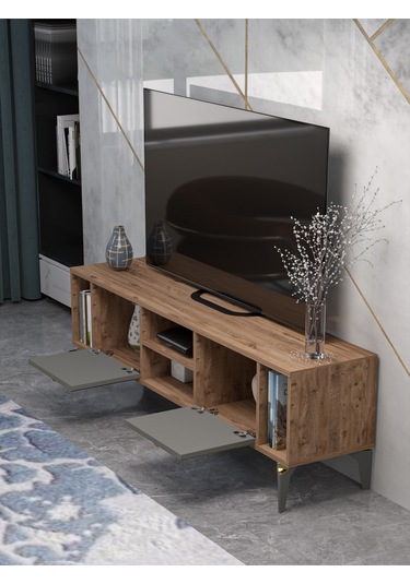 Tv Sehpası Tv Ünitesi Vera Beyaz Gold Çizgili 5052 Çok Renkli