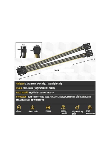 Zauss 6 Pin to 2x PCI-E (6+2) 8 Pin 20 CM Power Kablo Çoklayıcı