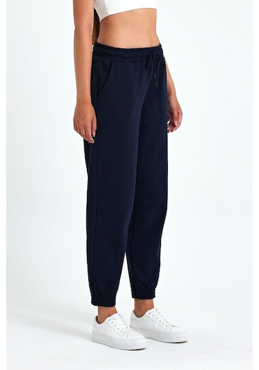 Kadın Lacivert Pamuklu Kalın Paçası Lastikli Yüksek Bel Rahat Jogger Eşofman Altı Lacivert