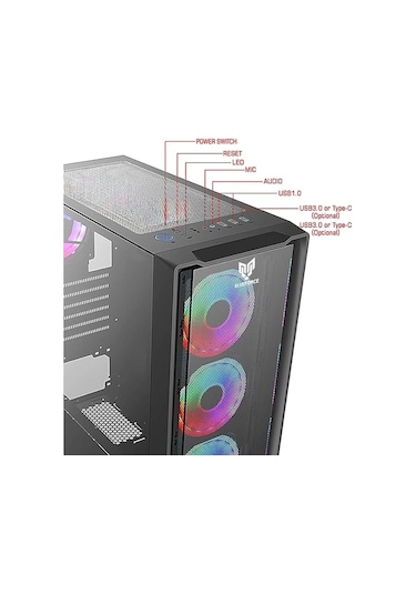 Blueforce Phoenix 4* Rgb Fanlı Atx-Mini Atx Itx Uyumlu Mid Tower Gaming Oyuncu Bilgisayar Kasası Psu'suz