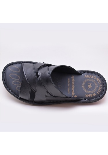 Ayakkabiburada 034 Günlük Tam Ortopedik Hakiki Deri Erkek Terlik Puff Taban Siyah