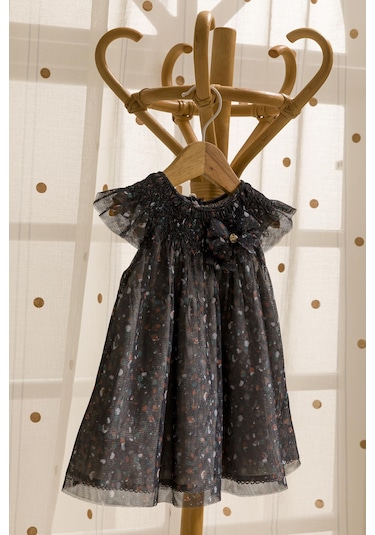 Desenli Tül Kız Bebek Çocuk Elbise 13630 Siyah