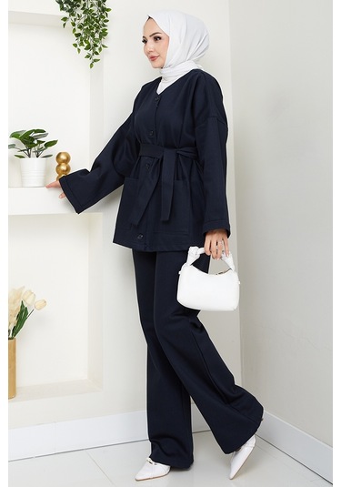 Kemerli Ceket Pantolon Gabardin Takım 1557 - Lacivert Lacivert