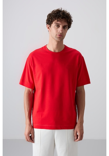 Tommy Life Fiesta Pamuklu Kalın Yumuşak Dokulu Oversize Fit Basic Erkek T-shirt - 88349 Kirmizi