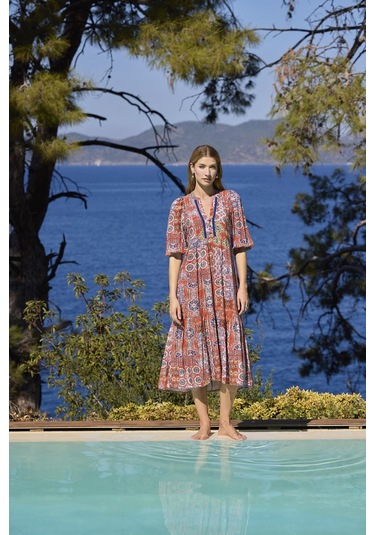 Monamise Kadın Etnik Desenli Truvakar Kollu Önü Düğmeli V Yaka Elbise 25031 Saks