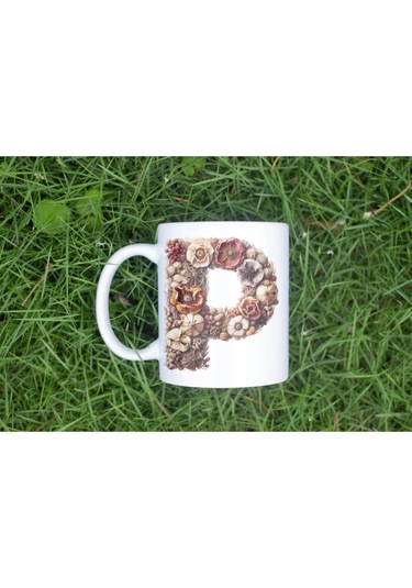 P Harfi Çiçek Desenli Kupa Bardak - Alfabe Harfleri İle Doğal Çiçekli Kupa - Hediye Fikir Beyaz