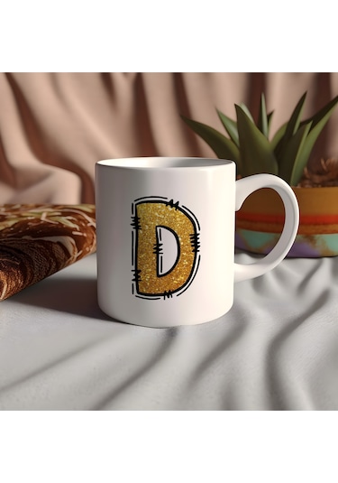 D Harfi Gold Simli Kupa Işıltılı Alfabe Harf Tasarımlı Kahve Kupası - Kişiye Özel Hediye Beyaz