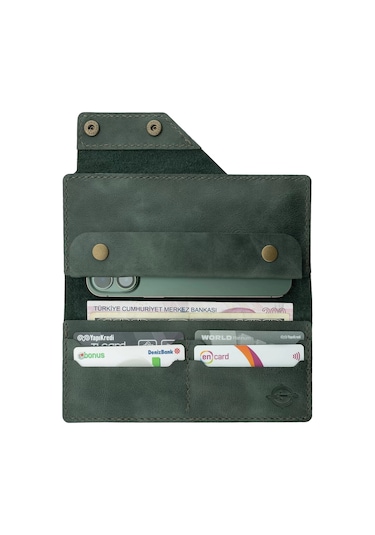 Twingold İsme Özel Dikey Çıtçıtlı Uzun Cüzdan - %100 Rainbow Deri - A010006 - Haki Haki