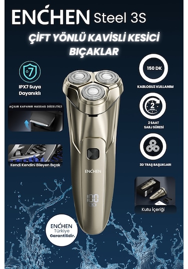 Enchen Steel 3s Gold Çift Yönlü Kavisli Bıçaklı Dijital Ekranlı Suya Dayanıklı Şarjlı Tıraş Makinesi