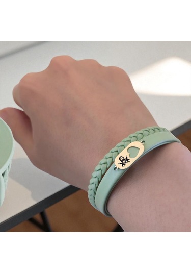 Archin Hz Ali Temalı Kalp Motifli 14 Ayar Altın Plakalı Zeytin Yeşili Derili Hediye Bileklik-556sembol Hz Ali