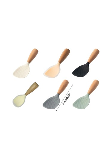 Dianziye Gri Yemek Grade Silikon Pirinç Kaşığı, Dikey Konumlanabilir, Ahşap Saplı, Isı Dayanıklı, 1 Adet